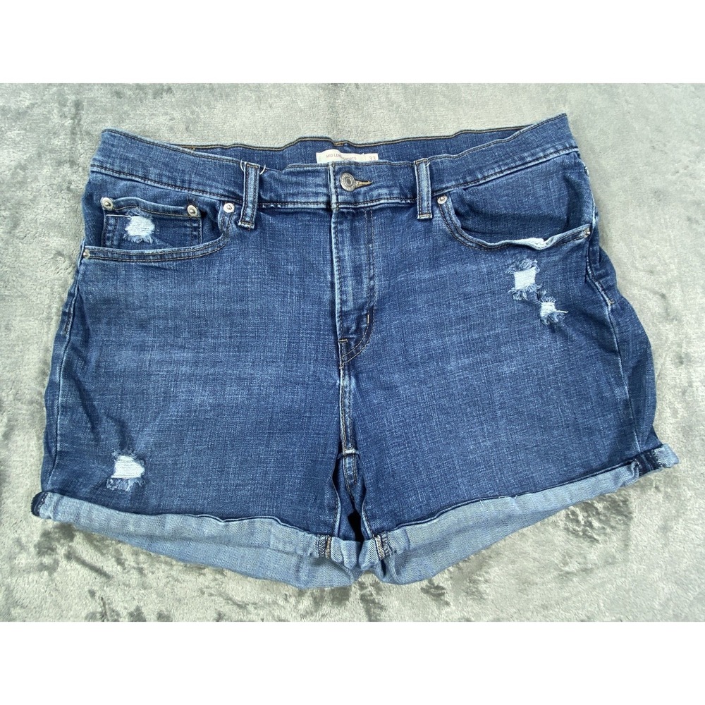 Levi's Mid Length Shorts Womens 33 Blue Zip Fly Whiskers Denim Cuffed Distressed
